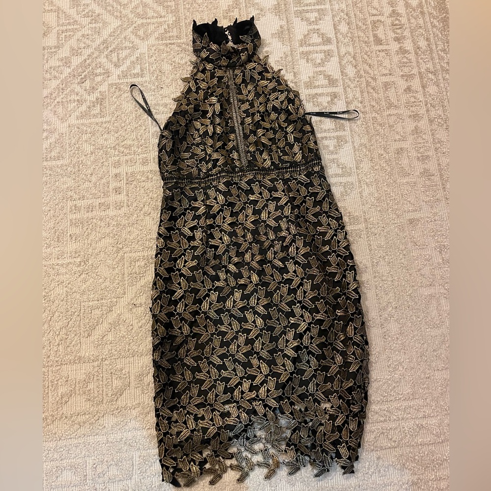 Bardot gold leaf halter dress